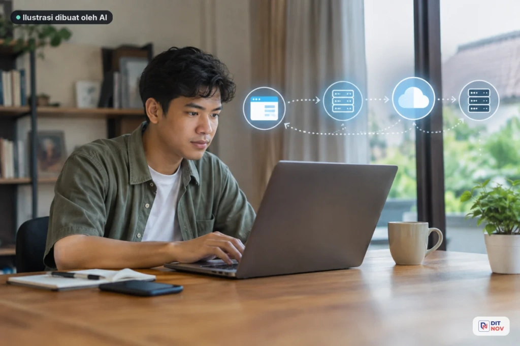 Diagram sederhana alur DNS, server, dan browser saat halaman website dibuka