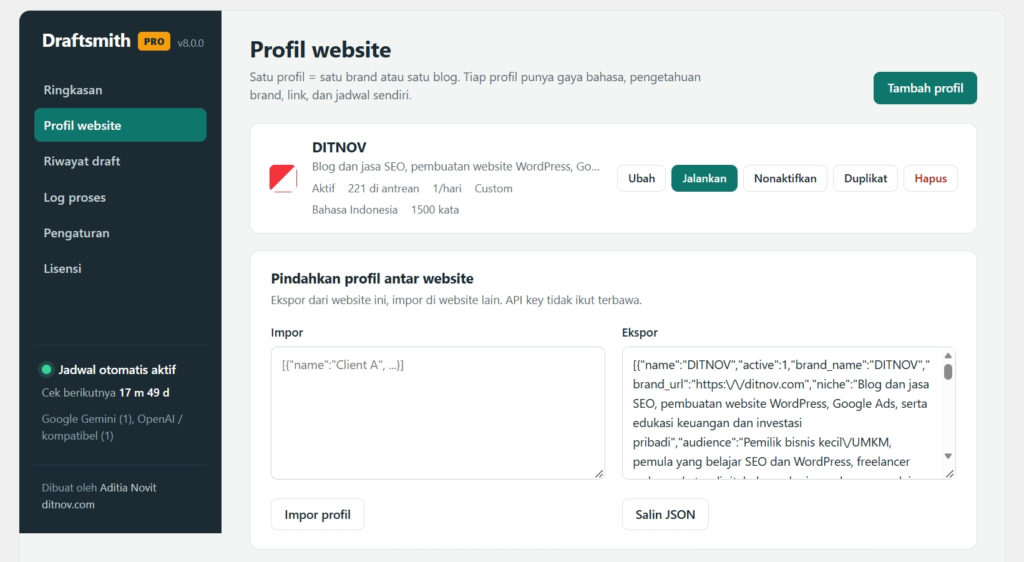 Profil website Draftsmith dengan informasi tentang SEO dan fitur untuk WordPress. Terdapat opsi tambah, edit, dan duplikat.