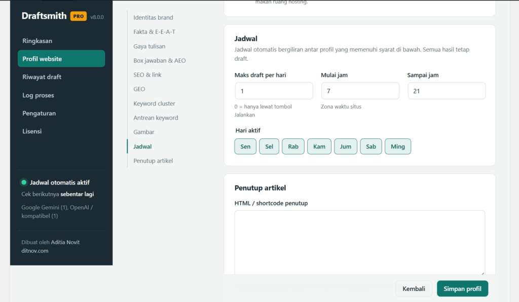 Tampilan antarmuka aplikasi Draftsmith untuk mengatur profil website, dengan pilihan jadwal dan penutup artikel.