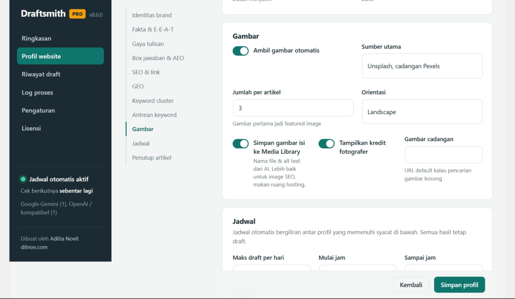 Tampilan antarmuka pengguna Draftsmith dengan opsi pengaturan gambar dan jadwal artikel untuk WordPress.