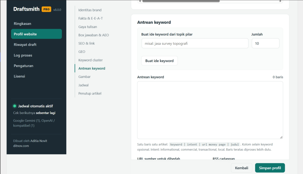 Tampilan antarmuka pengguna Draftsmith dengan bagian untuk memasukkan keyword dan mengatur artikel SEO di WordPress.