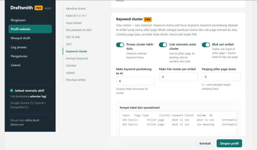 Tampilan antarmuka Draftsmith dengan opsi pengaturan keyword cluster untuk menghasilkan artikel SEO di WordPress.
