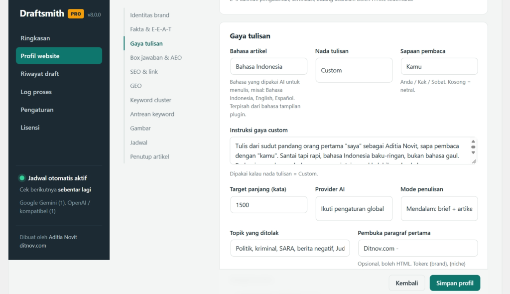 Tampilan antarmuka Draftsmith yang menunjukkan pengaturan untuk generator artikel SEO dan AEO, dengan pilihan bahasa dan topik.