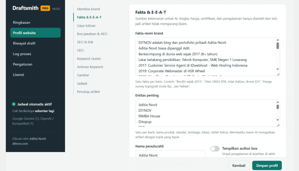 Menu profil website dengan informasi mengenai fakta dan entitas terkait Draftsmith.