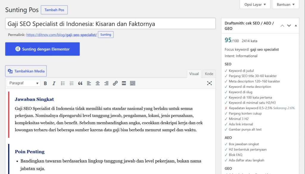 Tampilan antarmuka editor artikel di WordPress dengan teks tentang gaji SEO Specialist di Indonesia dan poin pentingnya.