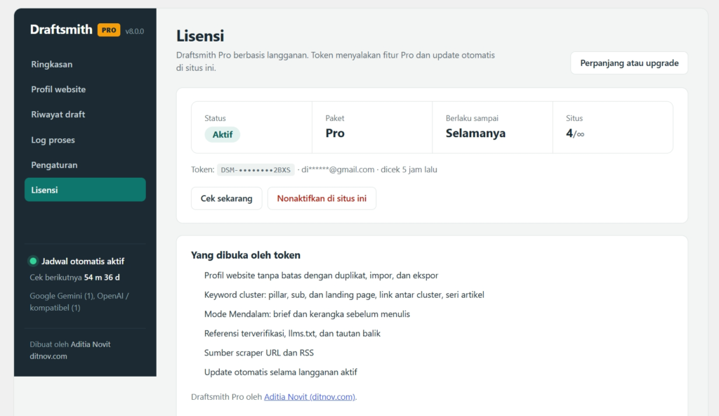 Tampilan antarmuka aplikasi Draftsmith yang menunjukkan informasi lisensi dan fitur aktif untuk WordPress.