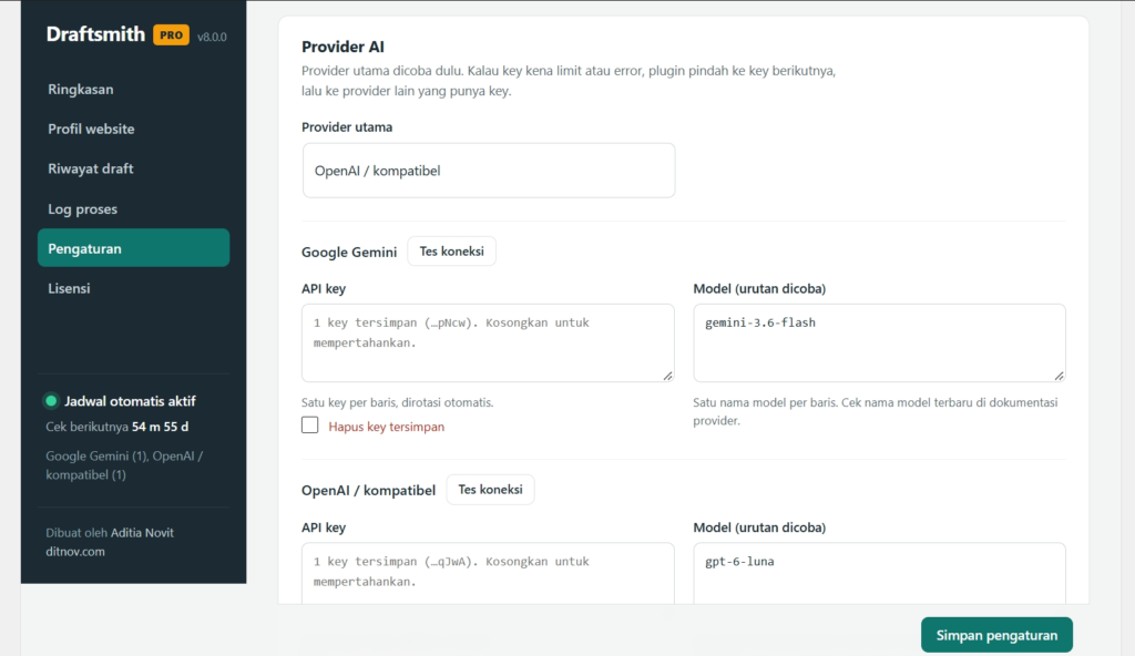 Tampilan antarmuka pengguna Draftsmith untuk pengaturan penyedia AI dan API key pada aplikasi WordPress.