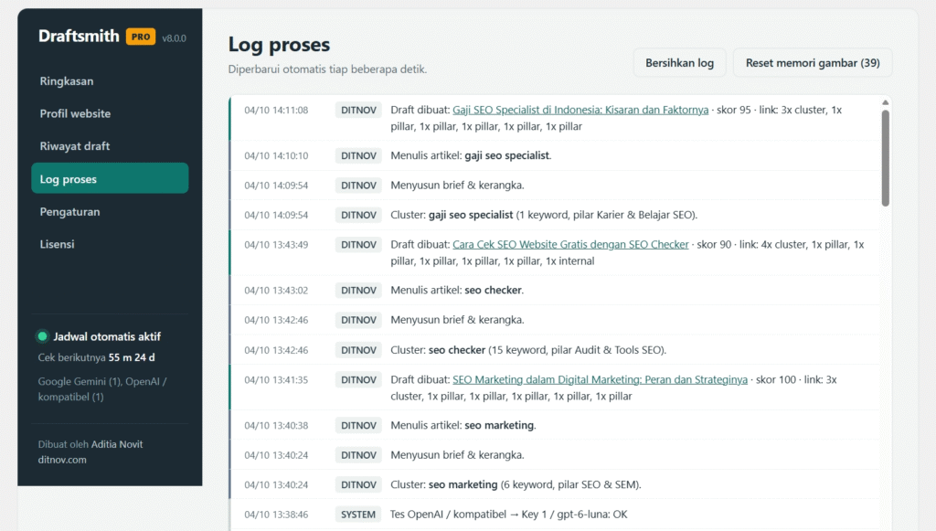 Tampilan log proses dari Draftsmith dengan catatan aktivitas terkait pembuatan artikel SEO untuk WordPress.