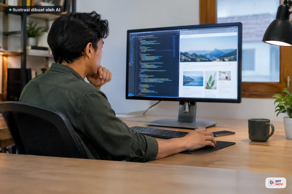 Freelancer memeriksa halaman WordPress melalui editor dan pratinjau browser.