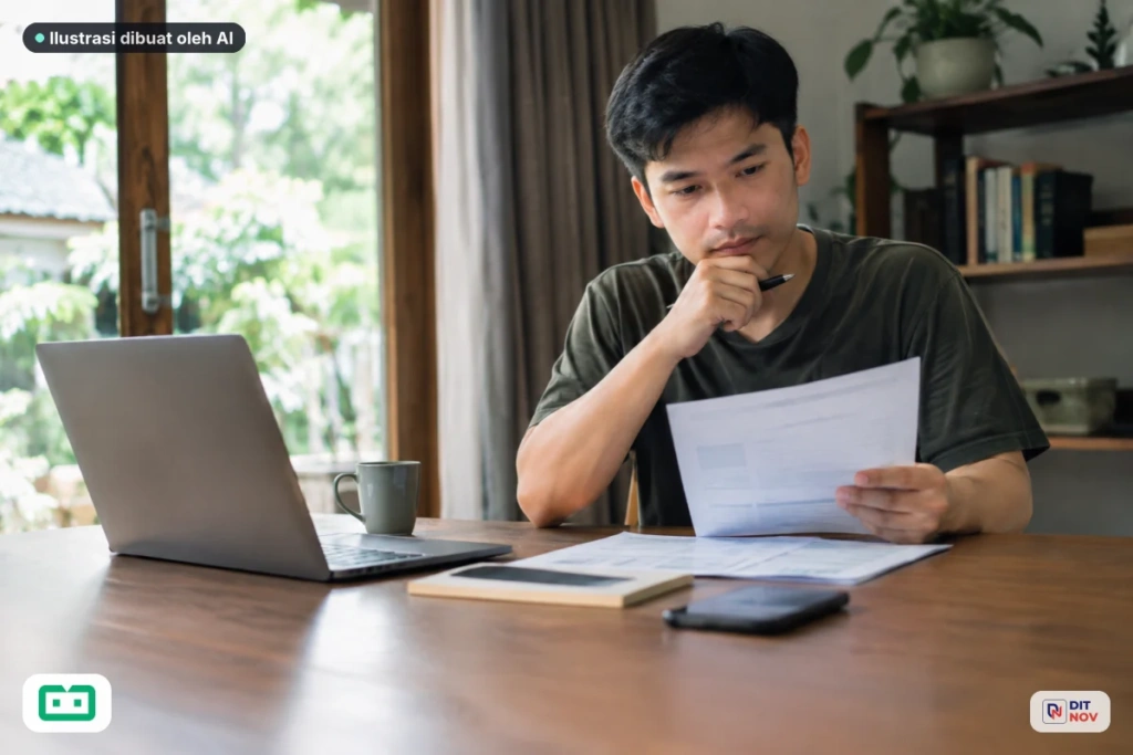 Pekerja muda membaca informasi keuangan dan mempertimbangkan tujuan investasi