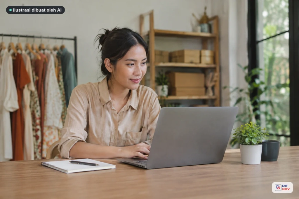 Pemilik bisnis memeriksa hasil SEO dan trafik website melalui laptop