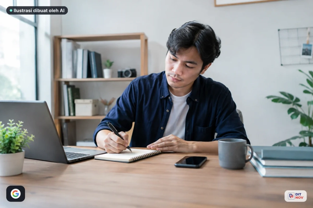 Pemilik bisnis mencatat biaya perpanjangan hosting dan detail akun.