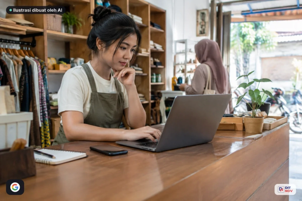 Pemilik toko kecil memeriksa data penjualan dan kunjungan website setelah melayani pelanggan