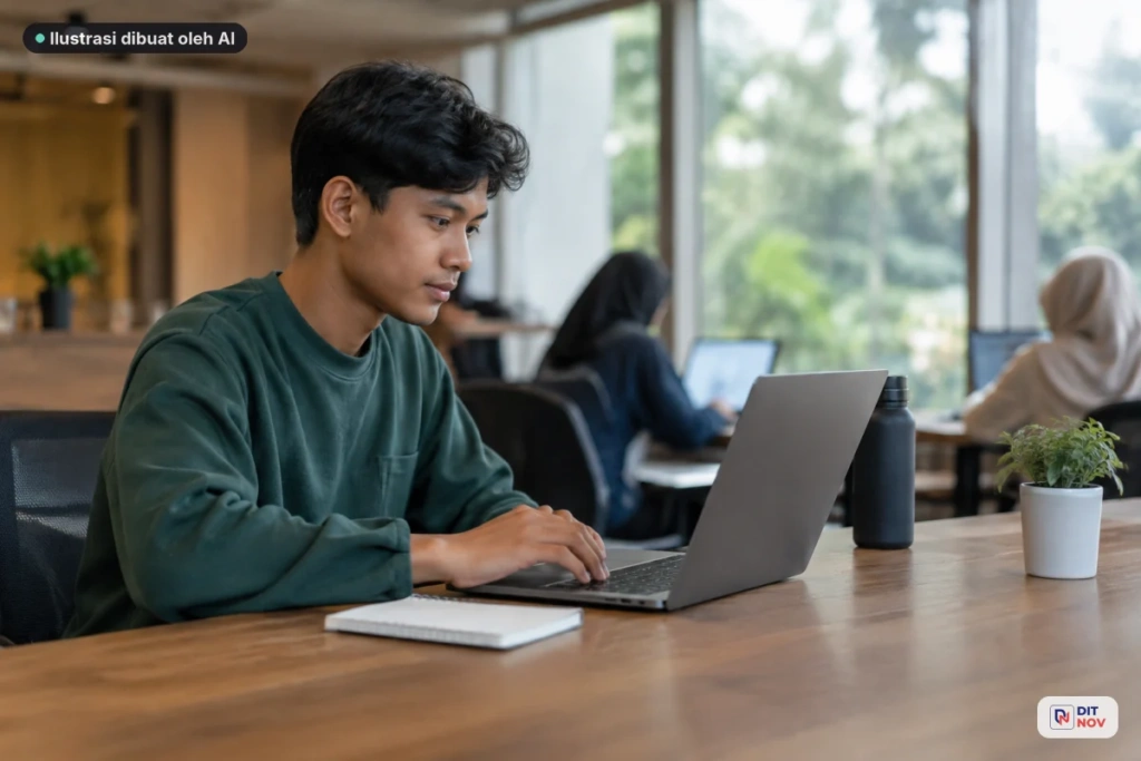 Pemula belajar HTML dan mencoba halaman sederhana di laptop.